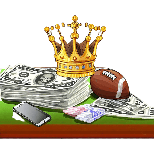 Uma coroa de rei, maços de dinheiro, um telefone e uma bola de futebol americano