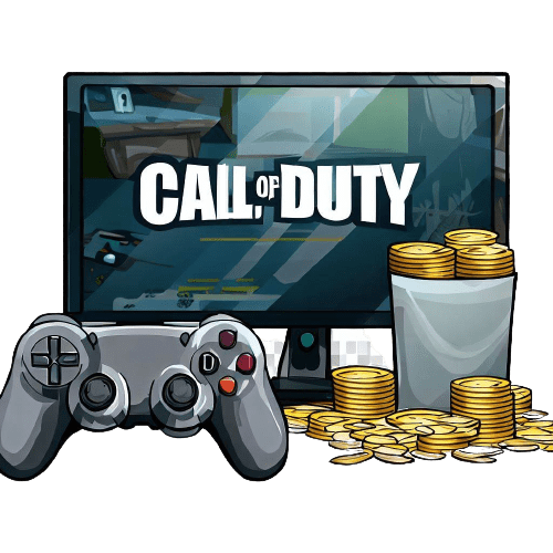 Um computador com Call of Duty escrito nele, um joystick e algumas moedas de prata