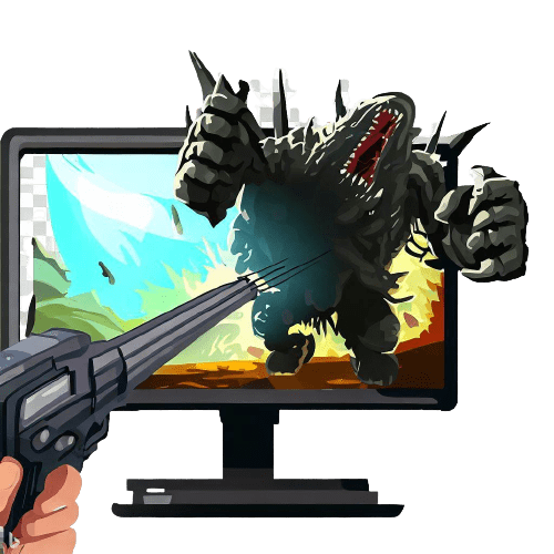 Uma mão com uma arma apontada a um monstro num computador