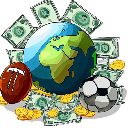 Um globo terrestre rodeado por duas bolas de futebol, moedas e notas de banco