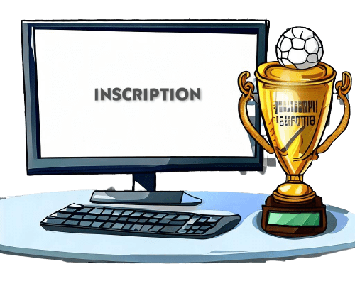 Um computador com a palavra “inscrição” e uma taça de futebol