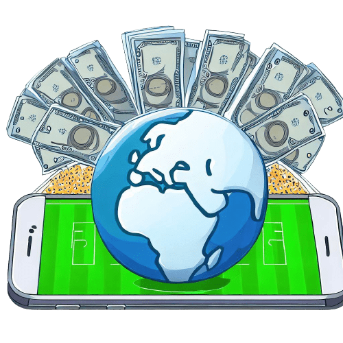 Um globo terrestre colocado num telefone, mostrando um campo de futebol e rodeado de notas de banco