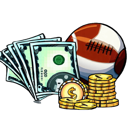 Uma bola de futebol americano, moedas e notas