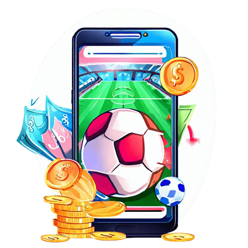 Um telemóvel com um campo de futebol, bolas e moedas de dólar